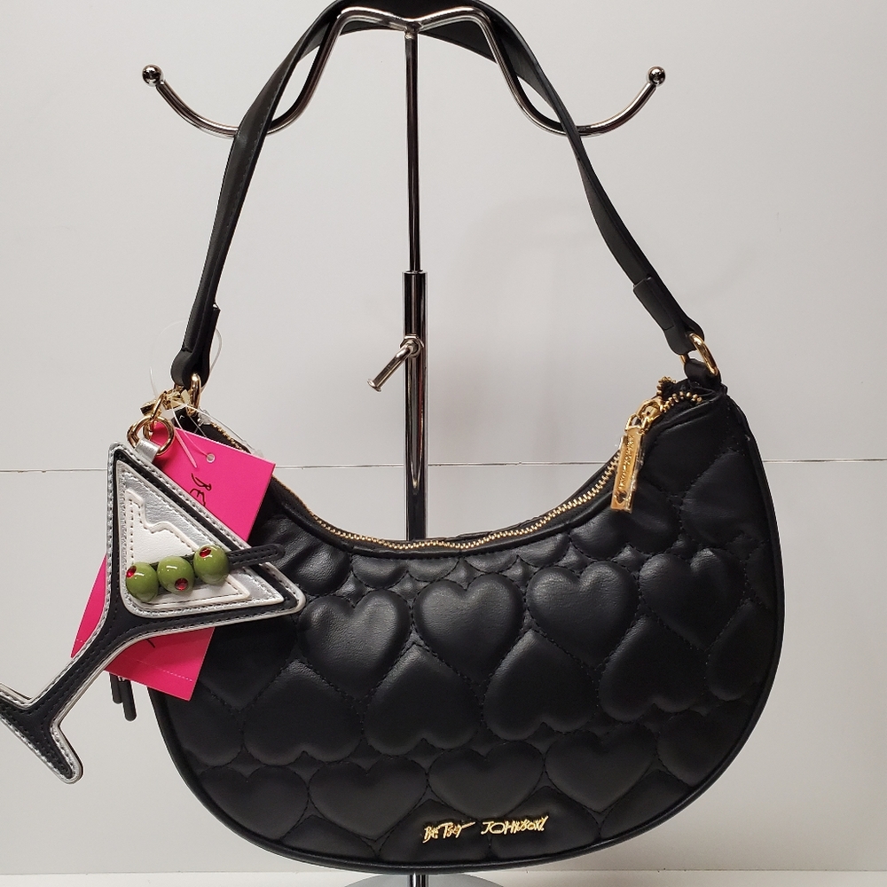 Betsey Johnson black quilted heart hobo with gold hardware & olive martini Charm